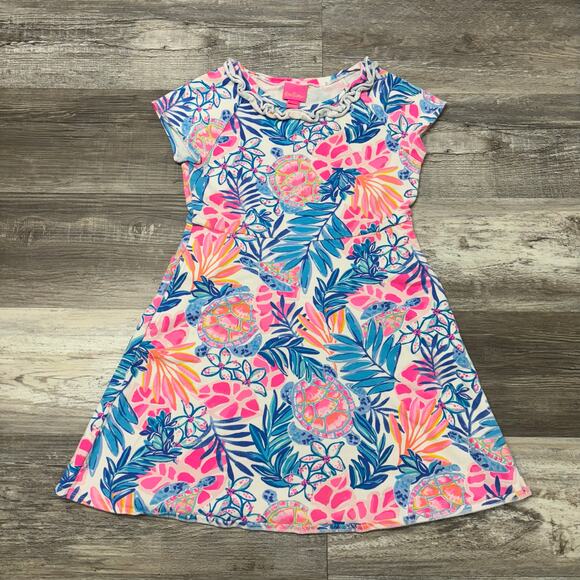 Lilly Pulitzer Sea Turtles Flowers Girl XL Tropical Hawaiian A-Line Beachy Dress - Picture 1 of 10